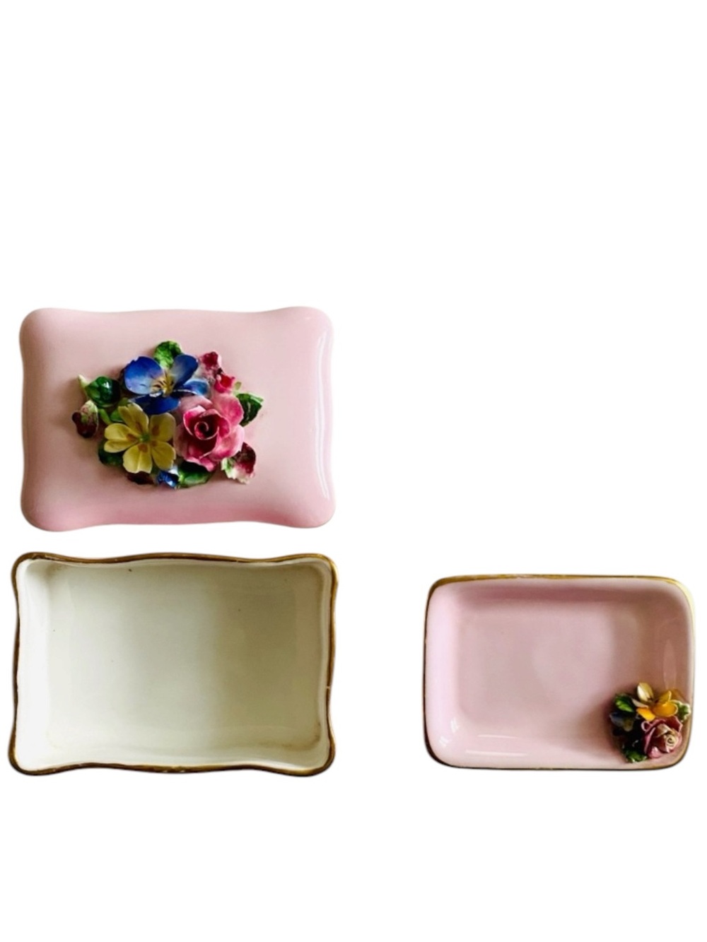 Vintage Crown Staffordshire England Fine Bone China 3pc Trinket Box Pink Dainty